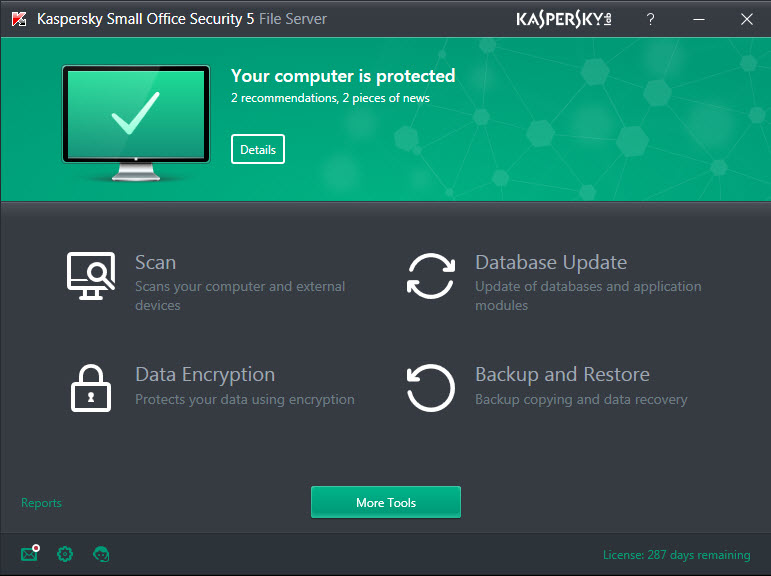Main window of Kaspersky Small Office Security on a file server