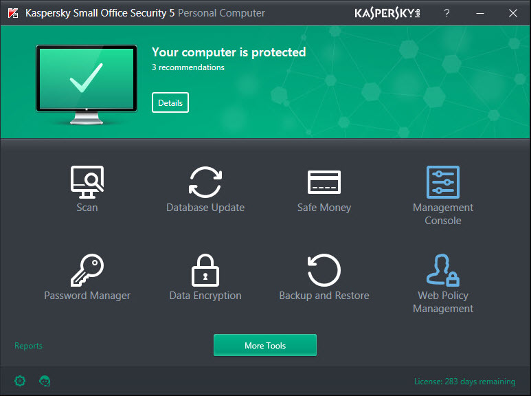 Main window of Kaspersky Small Office Security on a personal computer